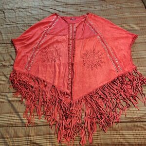 Tesoro Moda Faux Suede Fringe Poncho Lace Up Laser Cut Boho Rust Red Plus 1X 2X